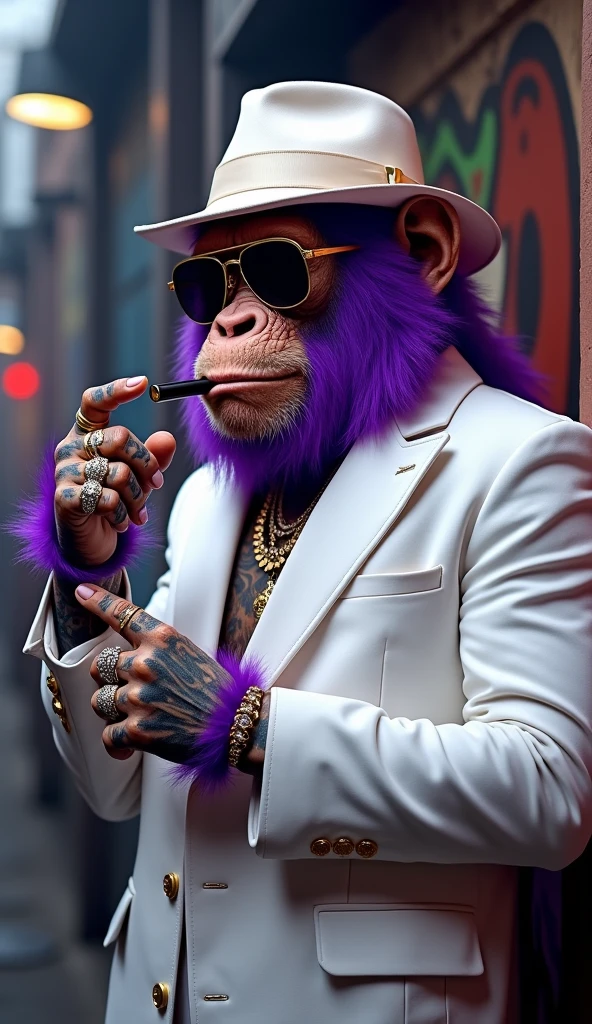 Purple Ape, wearing a white gangster suit with chains, a hat and glasses, tattooed, with huge diamond and gold rings, smoking with a pipe, pointing with his index finger to the left