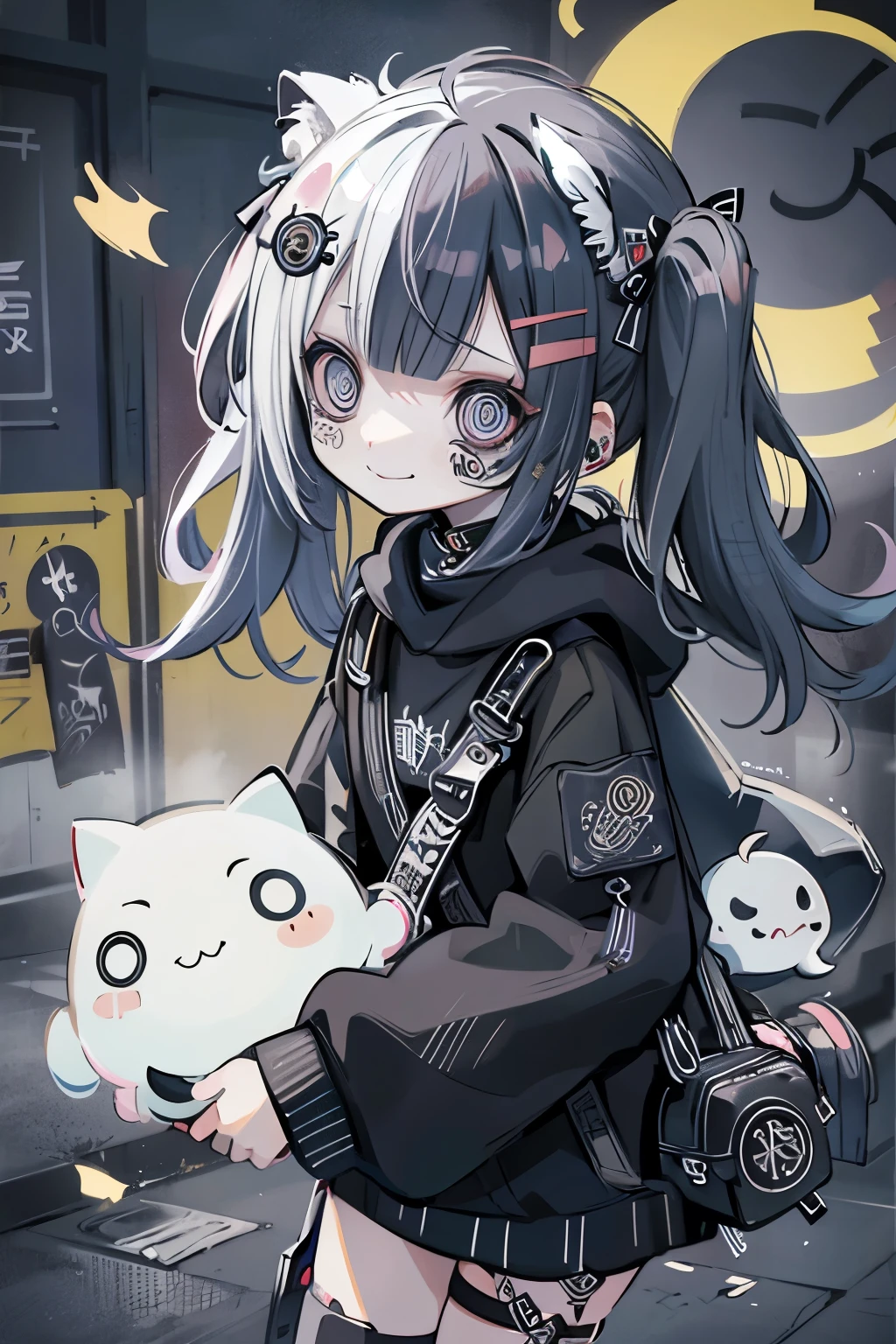 (sticker),#quality(8k,best quality, masterpiece),solo, #1girl(cute, kawaii,small kid,smile,hair floating,hair color cosmic,pigtail hair,zombie skin,ghost skin ,skin color blue,pale skin,eye color cosmic,eyes shining,big eyes,damaged clothes,heavy metal costume,smirk),#background(simple,monotone),minimalist design --ar 2:3 --niji 5 --stylize 0