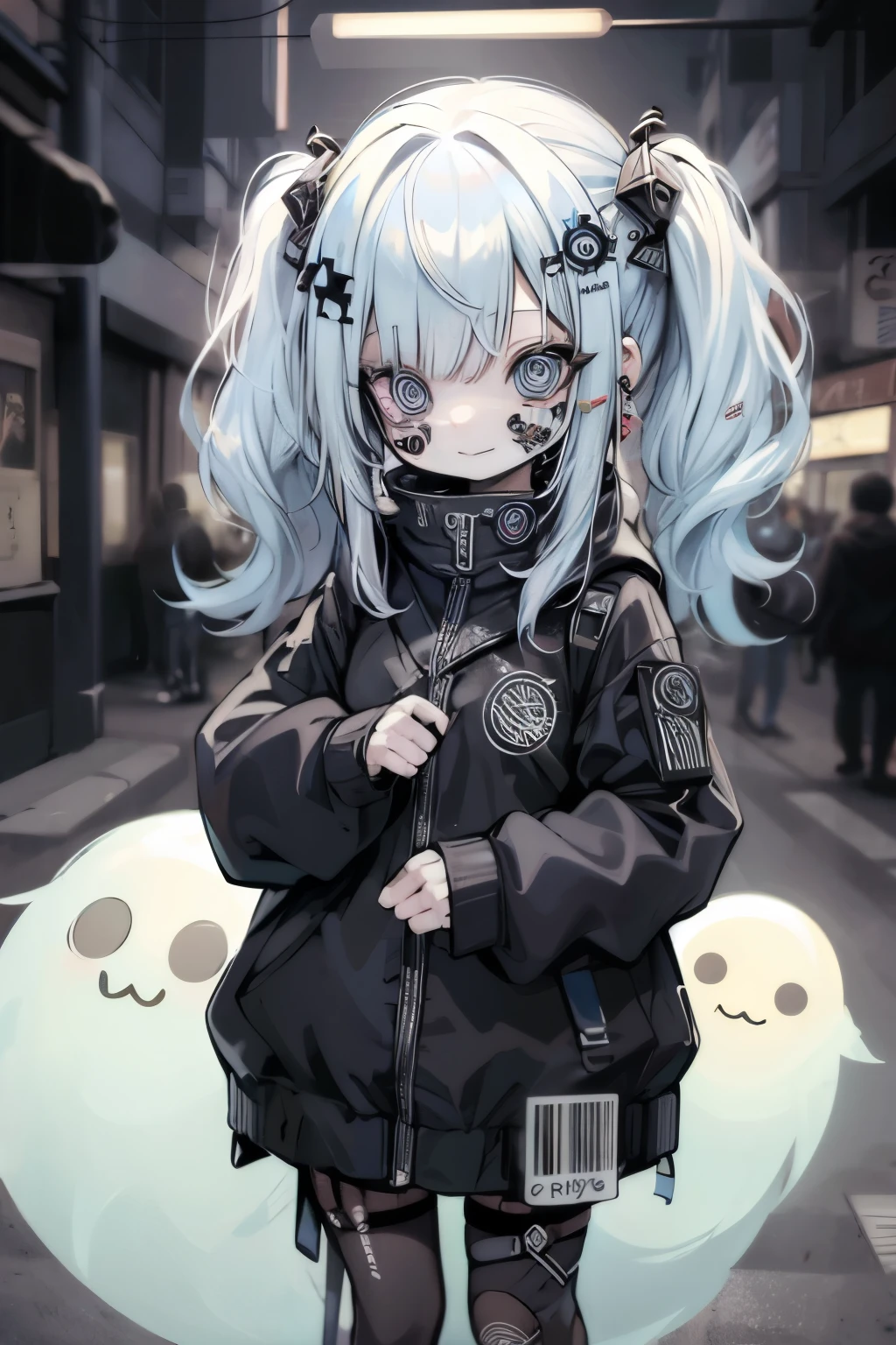 (sticker:1.4),#quality(8k,best quality, masterpiece),solo, #1girl(cute, kawaii,small kid,smile,hair floating,hair color cosmic,pigtail hair,zombie skin,ghost skin ,skin color blue,pale skin,eye color cosmic,eyes shining,big eyes,damaged clothes,heavy metal costume,smirk),#background(simple,monotone),