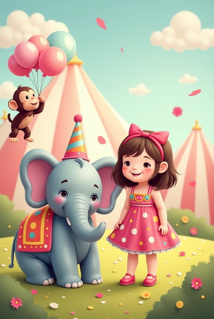 pink circus birthday invitation with pastel colors with a with brown hair and a little elephant, a little monkey