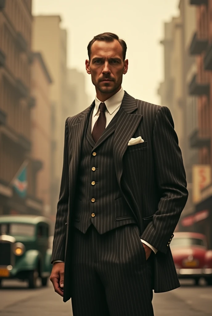 A man poses with determination and wears a very old suit from 1923