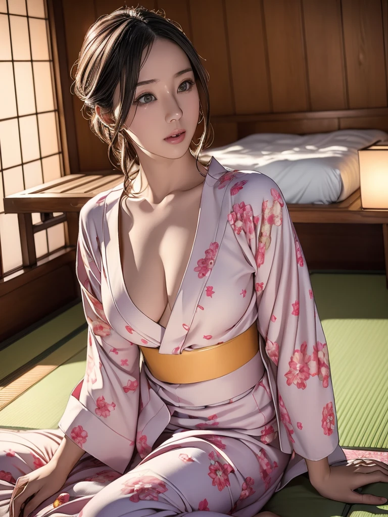 (Highest quality, masterpiece:1.2), Very detailed, (Realistic, photo-Realistic:1.37), intricate skin detail, Moist eyes, Japanese hot springs旅館で時間を満喫する, Japanese-style room, Futon spread on tatami mats, Japanese futon, Japanese hot springs, Delicate facial features, Whimsical atmosphere, Very detailed目と顔, Long eyelashes, Beautiful attention to detail, Beautiful lip detail, One person, photoRealistic, 4K, 8k, High resolution, Browsing Caution:1.9, (((yukata))), (((chestまではだける))), shoulder, Thighs, chest:1.9, Nipples:1.9, (((Looking into the camera))), (((Seductive expression))), Open your mouth a little, Sweat, Sweat滴