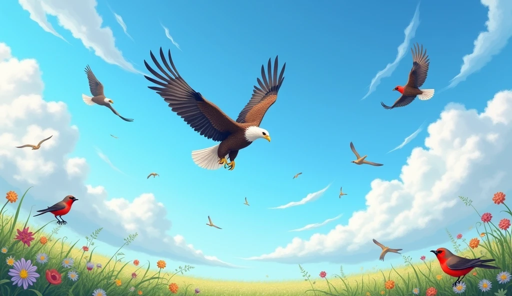 In the sky, the birds fly high,
Eagles soar, and robins try,