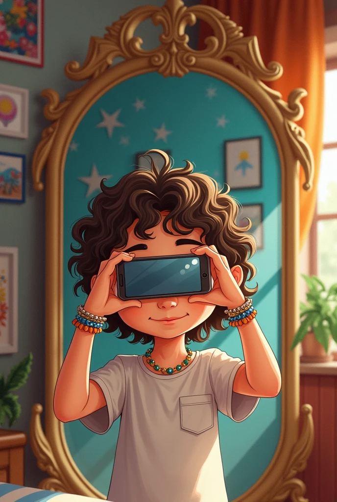 Drawing of a boy with shoulder length curly hair, white man with bracelets on his wrists taking a picture in the mirror with his cell phone covering his face