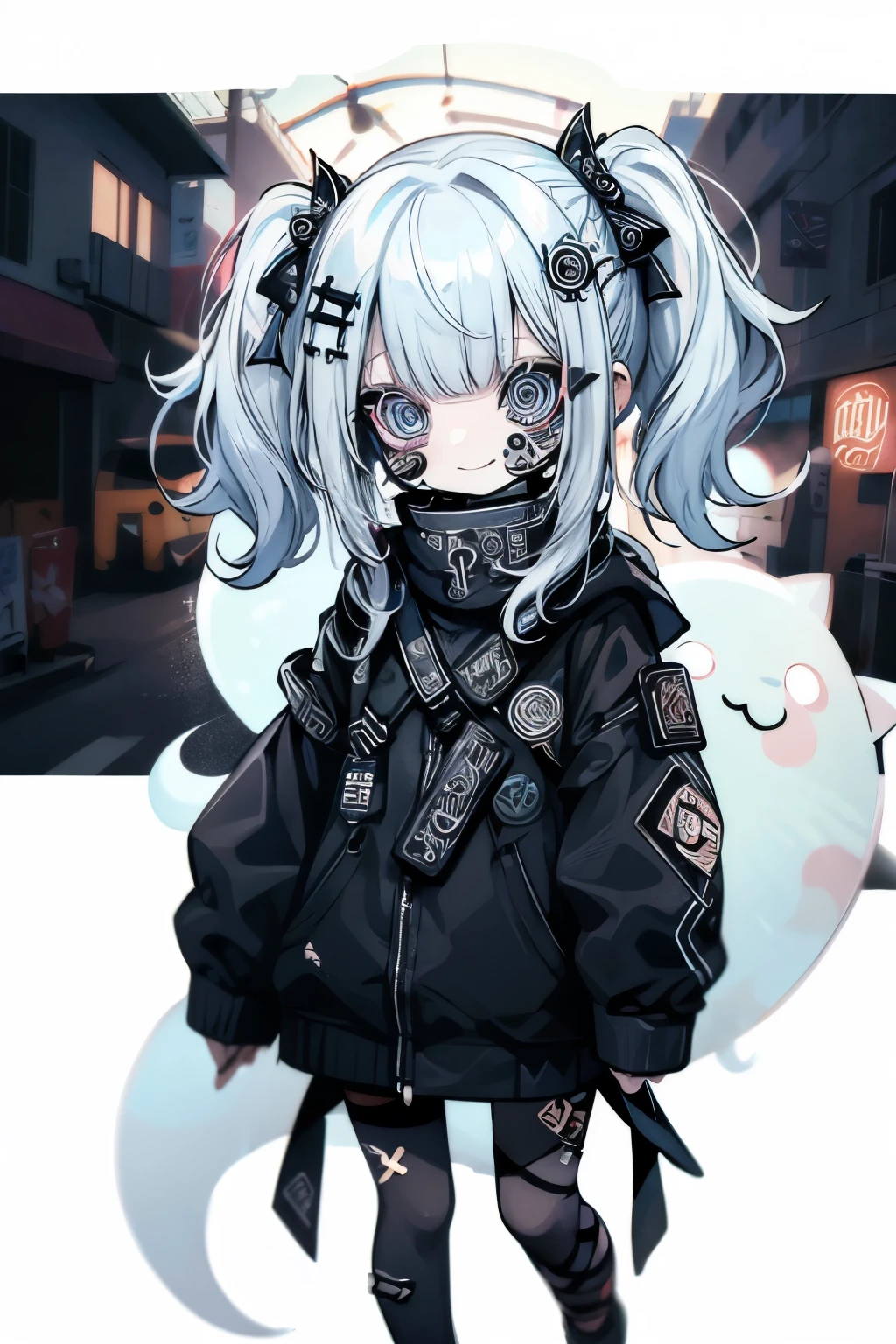 (sticker:1.4),#quality(8k,best quality, masterpiece),solo, #1girl(sticker,cute, kawaii,small kid,smile,hair floating,hair color cosmic,pigtail hair,zombie skin,ghost skin ,skin color blue,pale skin,eye color cosmic,eyes shining,big eyes,damaged clothes,heavy metal costume,smirk),#background(simple,white),