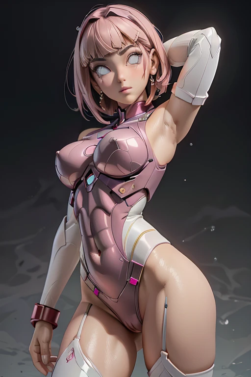 (ultra real), (figure), (High resolution), (8K), (very detailed), (Best figure), (detailed and beautiful eyes), (highest quality), (Super detailed), (masterpiece), (wallpaper), (detailed face), 1girl, korean girl, upper body up, armpit, thick, short pink hair,inner color,alone, sweaty, (camel toe), wearing iron man armor very skimpy, NSFW ,show skin.