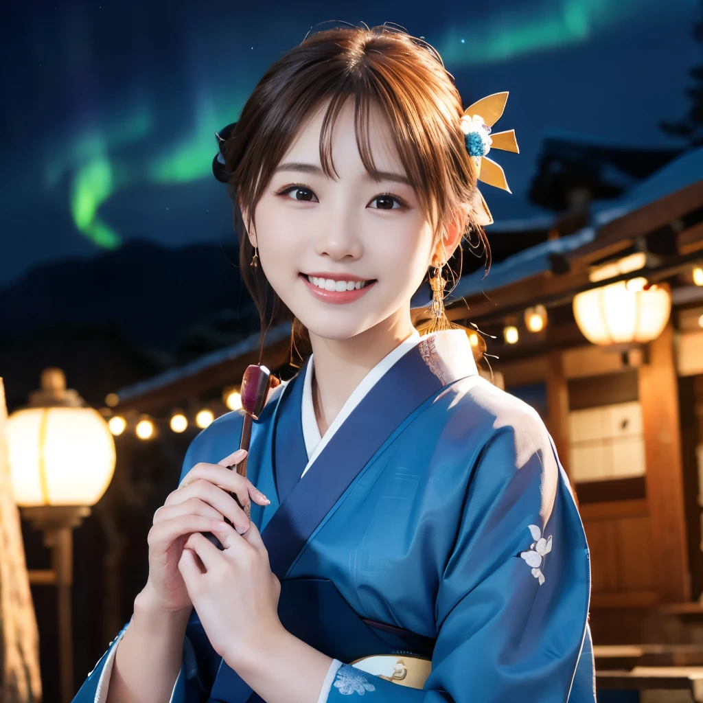 Japanese Ido ,((cute ,Baby Face:1.2)),(8k, RAW Photos, Ultra-detailed, Highest quality:1.2), (Realistic, Photorealistic:1.4), (Very detailed, Ultra-high resolution ,beautiful, Tabletop:1.2), ,Very detailed顔と目,Glowing Skin,(Upper Body:1.Professional Lighting,Soft Light, Sharp focus, Depth of written boundary,Medium Hair,Earrings, ( Kimono attire :1.3),(smile:1.3),Bokeh,(Dynamic Angle:1.5),( night sky aurora background, Christmas tree and snowy mountains々
:1.3)
