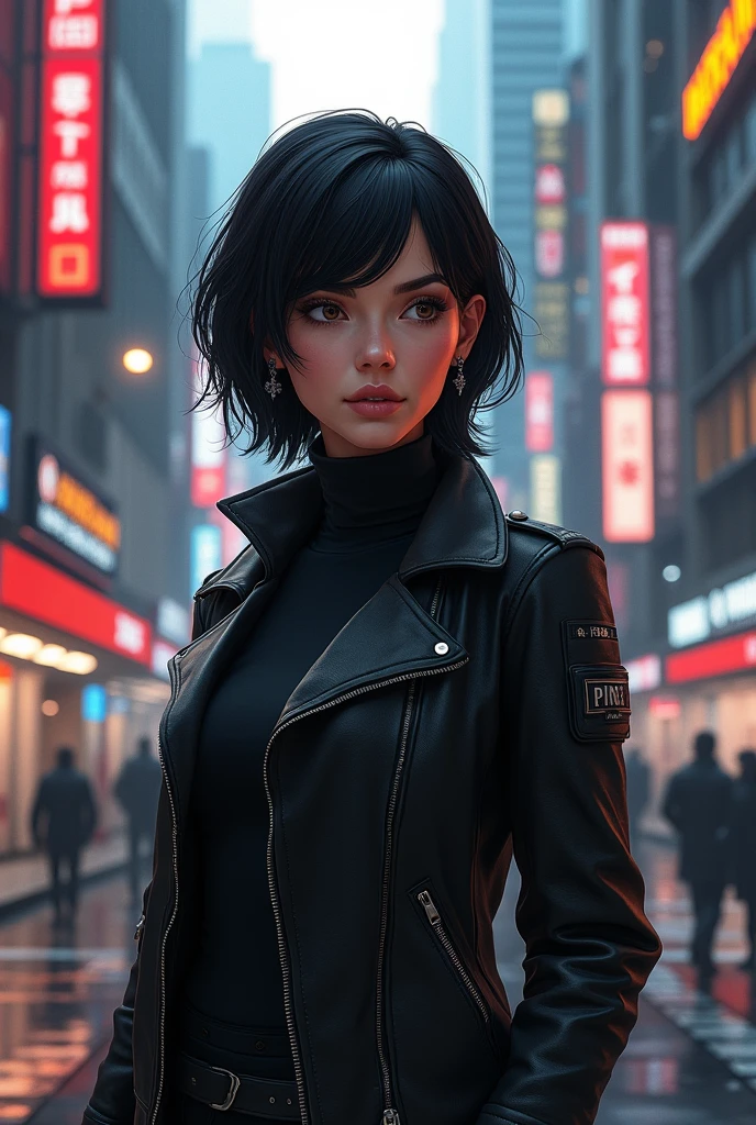 40 year old woman, Her hair is short and black, your eyes are brown, Her skin is white, Her expression is serious and kind, Her clothes are in shades of black, Digital illustration of video game characters