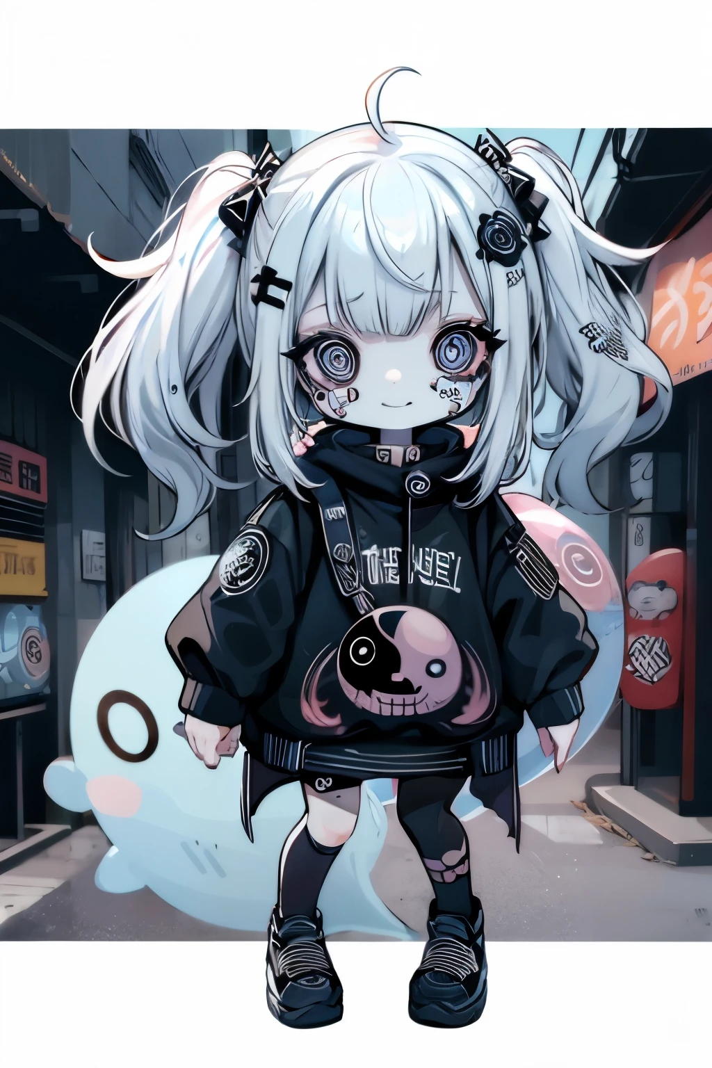 (sticker:1.4),#quality(8k,best quality, masterpiece),solo, #1girl(sticker,cute, kawaii,small kid,smile,hair floating,hair color cosmic,pigtail hair,zombie skin,ghost skin ,skin color blue,pale skin,eye color cosmic,eyes shining,big eyes,damaged clothes,heavy metal costume,smirk),#background(simple,white),