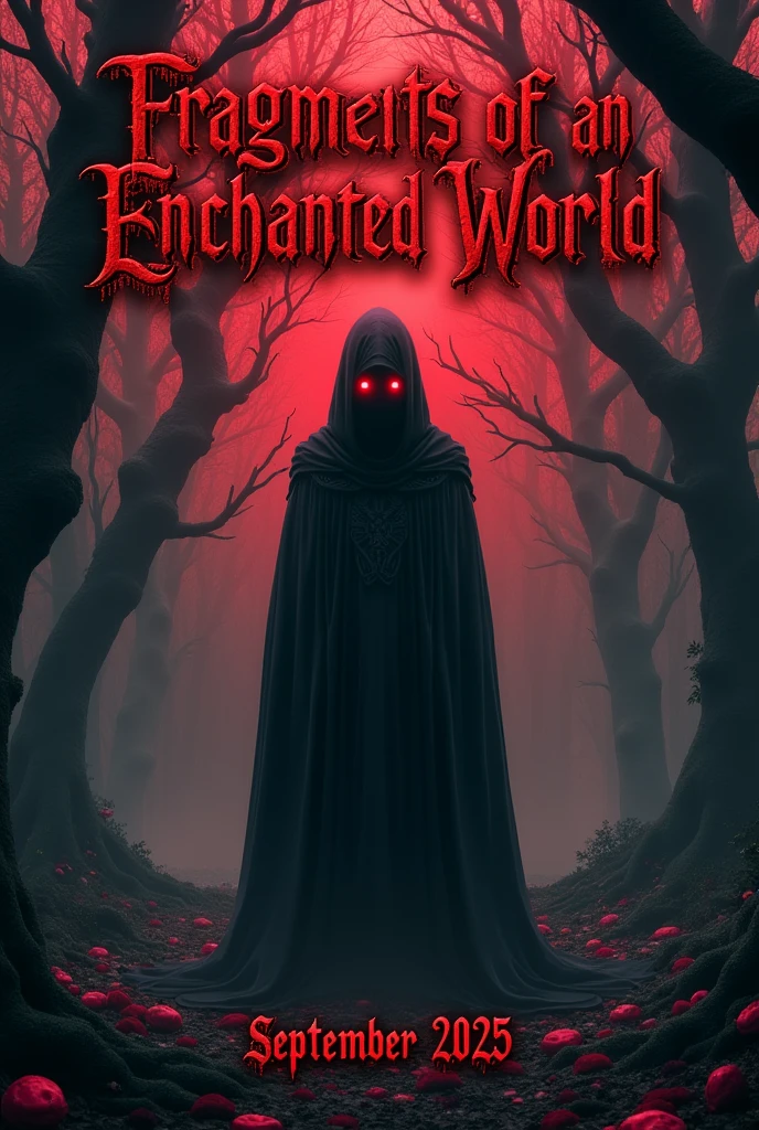 I need you to create a horror cover with the title "fragments of an enchanted world" With the release date for September 2025, I would like red and black on the cover.