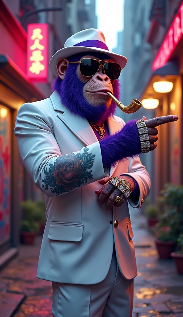 Purple Ape, wearing a white gangster suit with chains, a hat and glasses, tattooed, with huge diamond and gold rings, smoking with a pipe, pointing with his index finger to the right