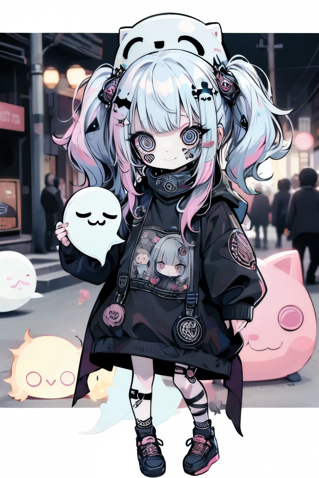 (sticker:1.4),#quality(8k,best quality, masterpiece),solo, #1girl(sticker,cute, kawaii,small kid,smile,hair floating,hair color cosmic,pigtail hair,zombie skin,ghost skin ,skin color blue,pale skin,eye color cosmic,eyes shining,big eyes,damaged clothes,heavy metal costume,smirk),#background(monotone,pink,nothing,),