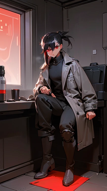 (detailed), (((normal guy))), (Arabic characteristics), ((gray wool jacket)), ((pelo negro rizado Ponytail hairstyle)), ((Ponytail hairstyle)), (calm face), ((by the width)), ((coffee boots)), (((whole body))), ((in a cyberpunk room)), ((male)), (gray turtleneck sweater), ((only one person)), (at night), ((scary)),  ((eyes glowing red)), In the dark