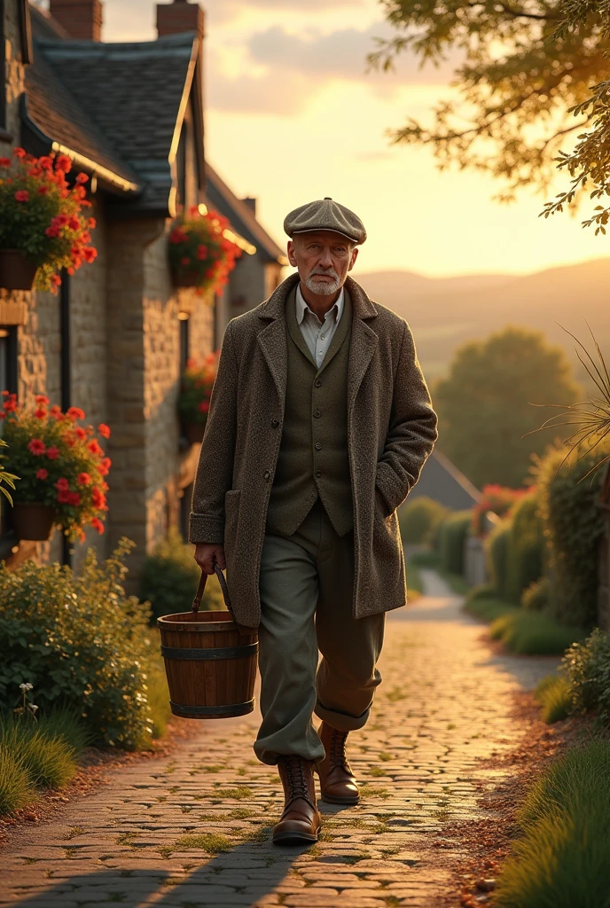 An image of a country gentleman, carrying a bucket, going home, em um vilarejo, country man, photo realist,   