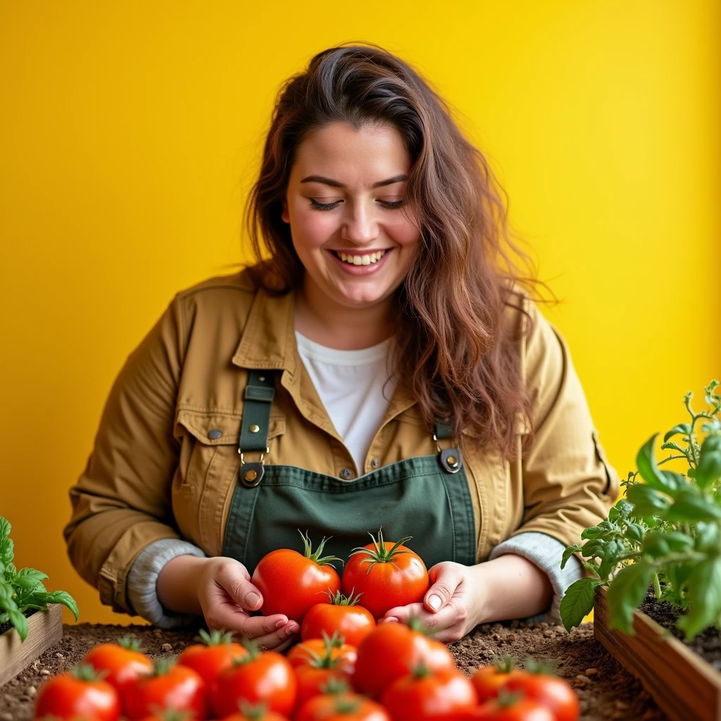 Most detailed, Perfect appearance, plus size Woman growing tomatoes in the garden, , Ripe tomatoes, yellow background.
