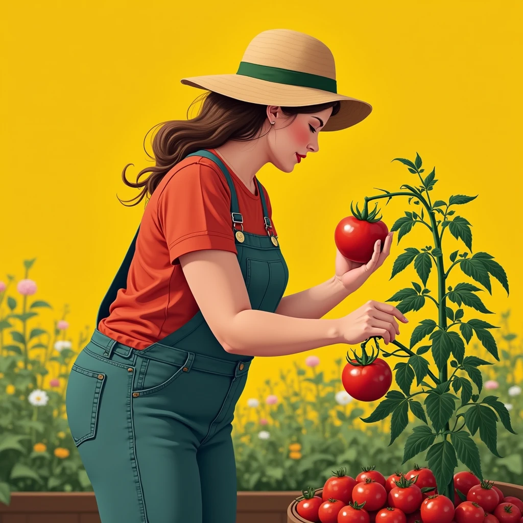 Most detailed, Perfect appearance, plus size Woman growing tomatoes in the garden, , Ripe tomatoes, yellow background.