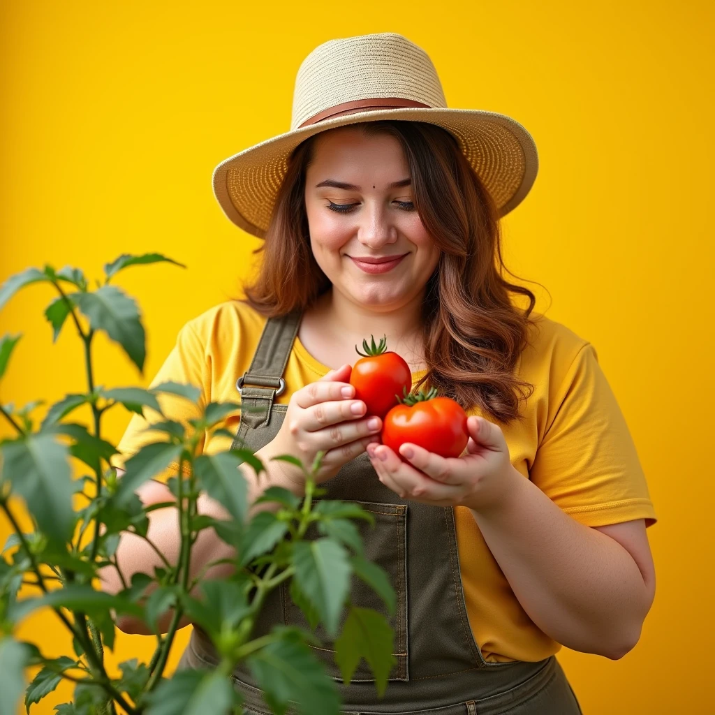 Most detailed, Perfect appearance, plus size Woman growing tomatoes in the garden, , Ripe tomatoes, yellow background.