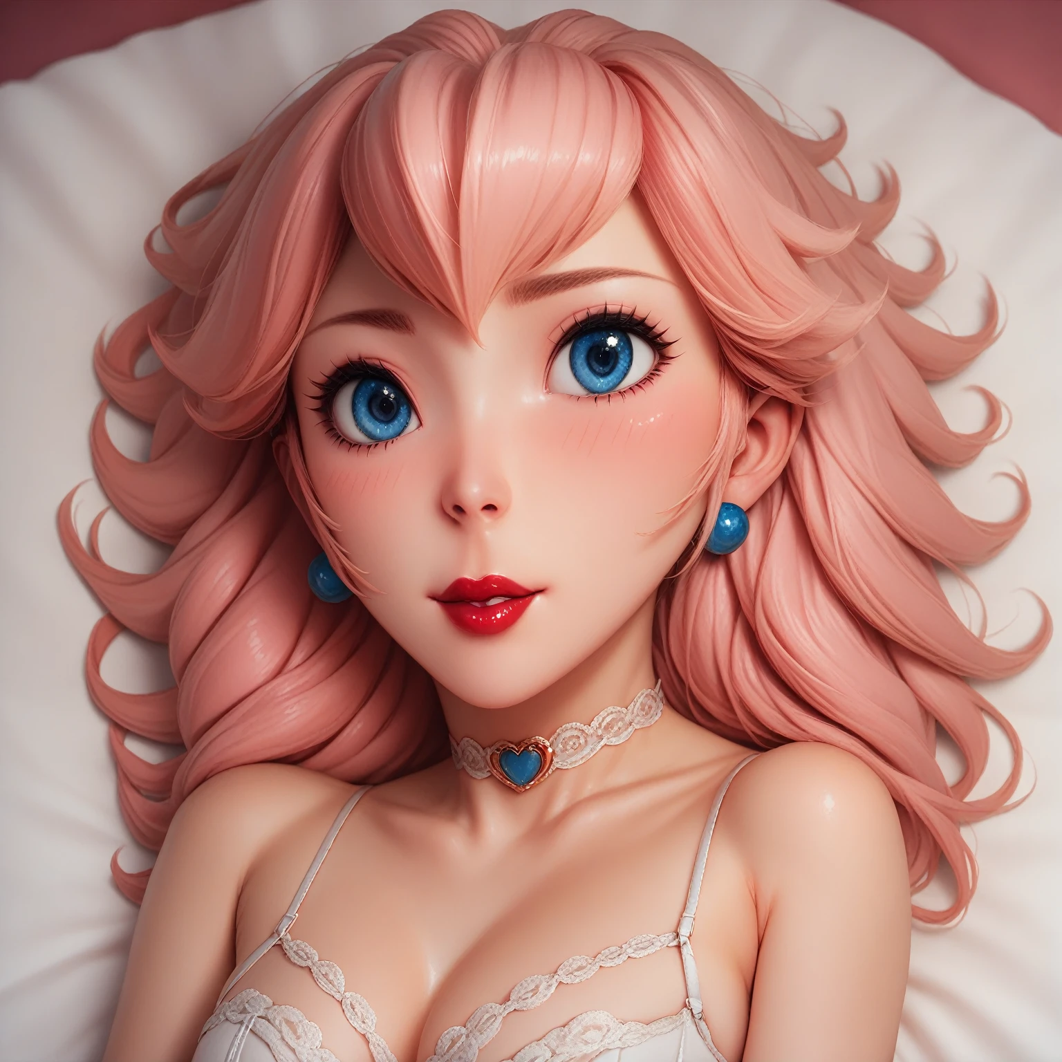 Peach princess in white lingerie lying down, white bed. big eyes, blue eyes, red lips. detailed face, detailed body, attractive body, seductive body. lying down DETAILS 8K. Dynamic pose. beautiful, embarrassed face