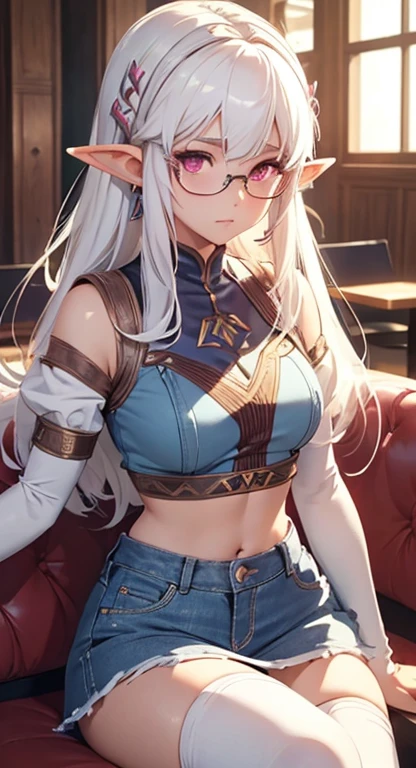 masterpiece, best quality, solo, princess Zelda, white hair, pink eyes, crop top, denim skirt, restaurant, sitting, thigh highs, pervert, dainty, glasses