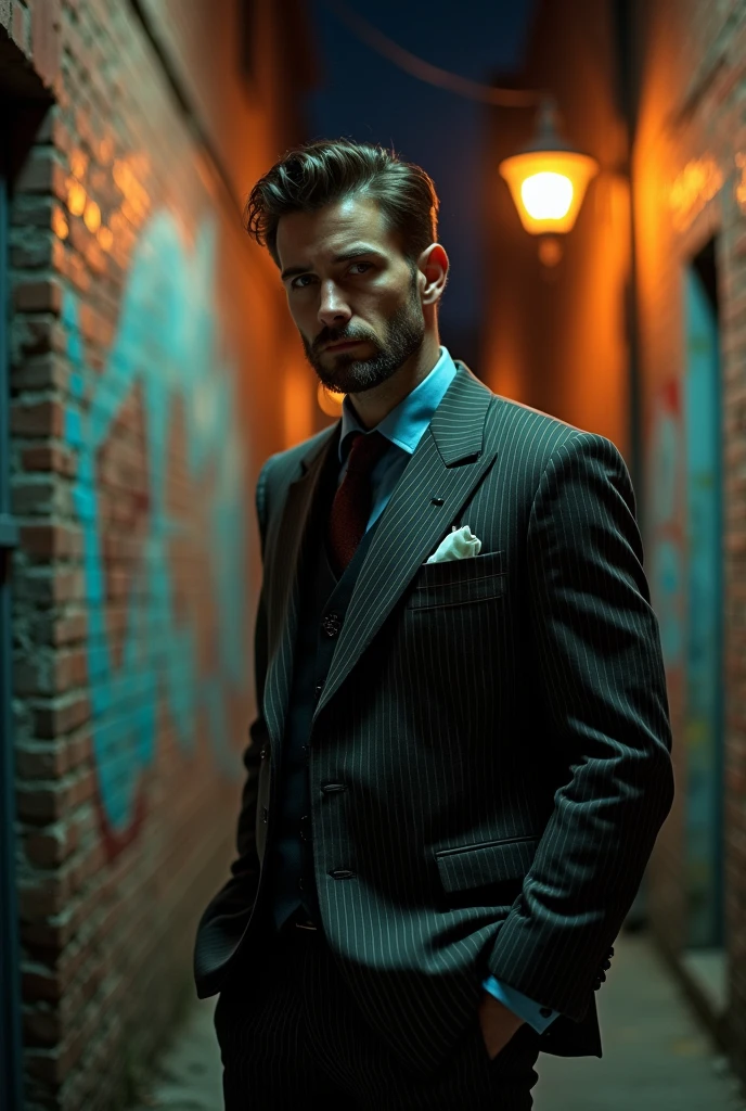 A 36-year-old man stood with firmness and wore a very old suit from 1923.