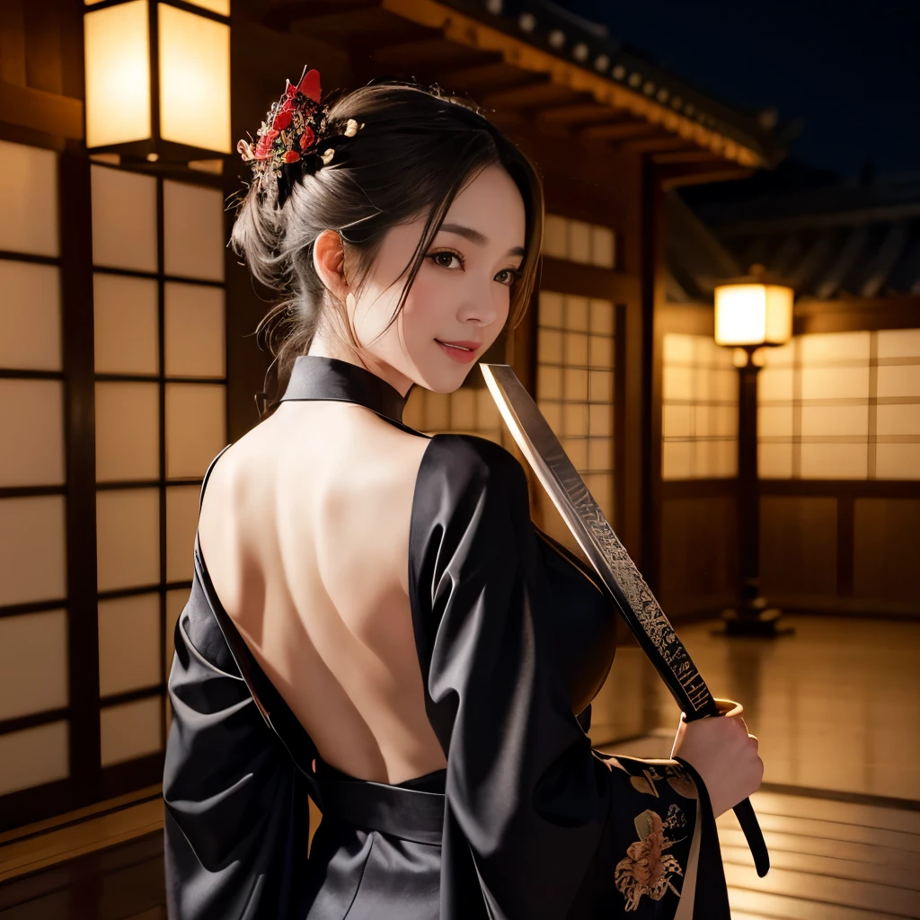 8kウルトラHD, Digital SLR,Film Grain, Fujifilm XT3,(Highest quality:1.3), (masterpiece:1.1), High resolution, Cinematic Light, Intricate details, (Realistic) (Night view) Realistic backlight、Dramatic reddish light、Beautiful Japanese Geisha full body photo, ((Facial texture Pore details)), Grin、Devilish smile, Simple messy hairstyle, She wears a black satin kimono decorated with traditional dragon motifs..., Open shoulders, , Long blade, Japan sword with long blade in hand,Inside a traditional villa, 8k, Front blur