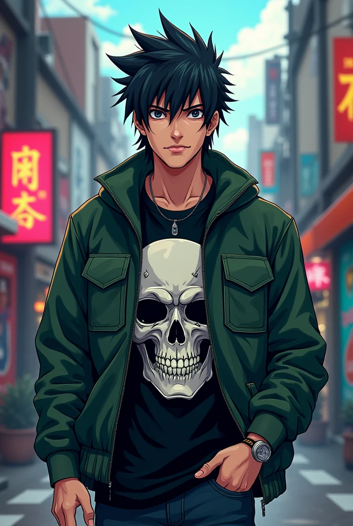 naruto anime graphics, guy with dark green jacket, mullet hair, glasses, age around 20, black skull t-shirt