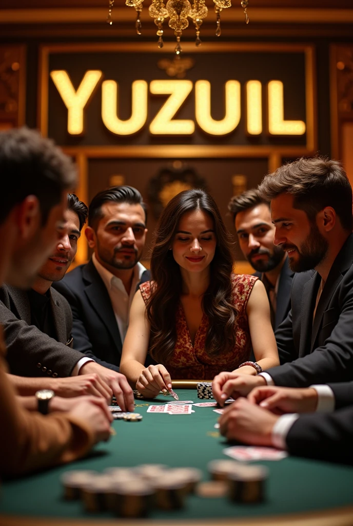 Create an image for a poker club. Channel for playing poker, targeting the Turkish audience. The name of the poker club "Yuzuil" (translated as "Golden Age") should be present in the center. Use marketing tricks, techniques, triggers, so that a person from the picture would want to play in this club.