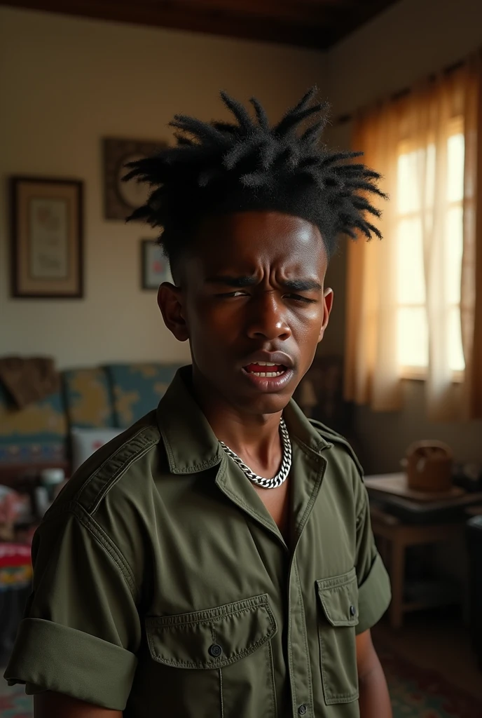 A angry black man always fights with his family  with a mad hair and chains on his neck who enrolled in the army