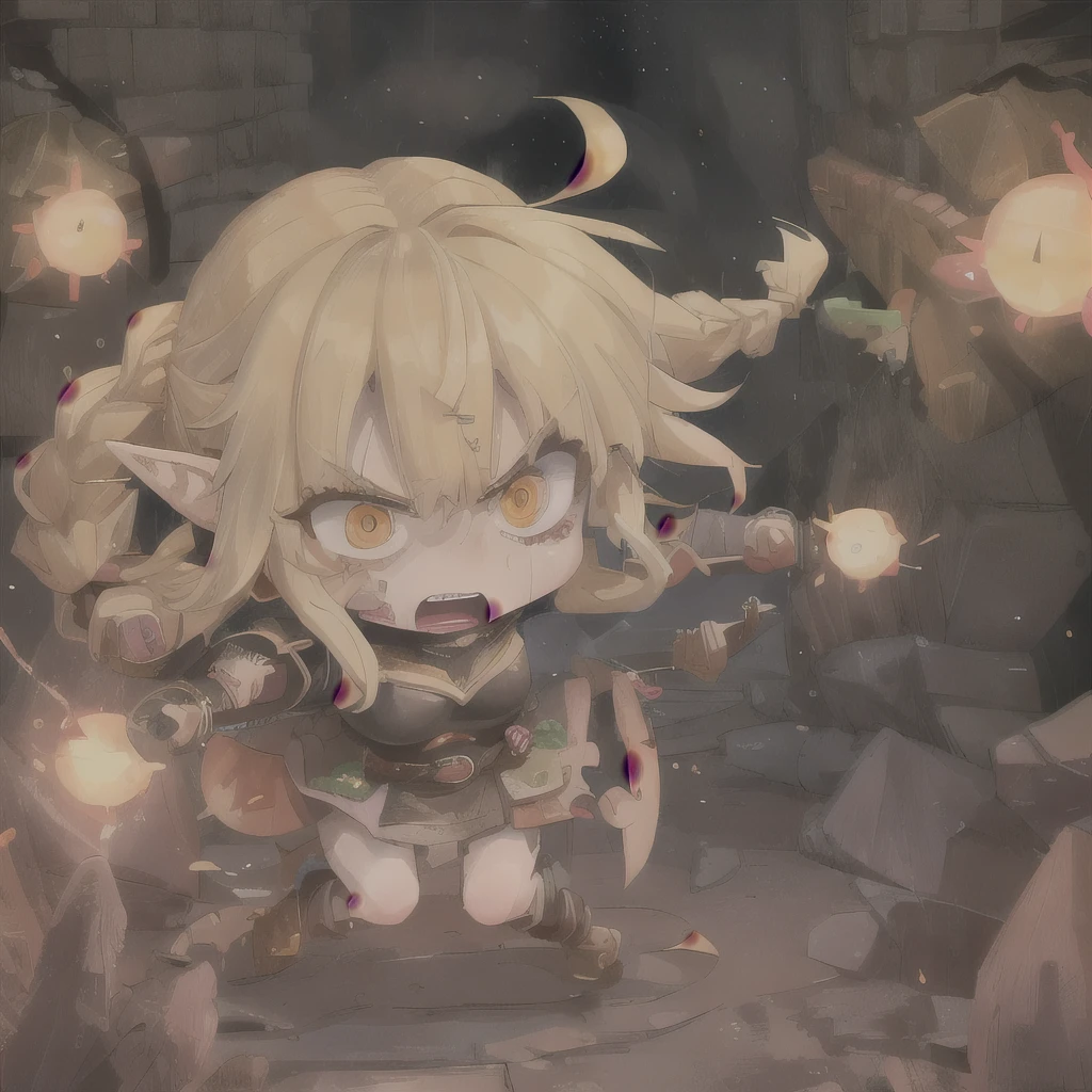 #quality(8k,best quality, masterpiece,super detailed),fighting each other,beholder #girl(cute, kawaii,small kid, angry face,brave,elf archer,hair floating,hair color blond,braid hair,skin color white,eye color cosmic,eyes shining,big eyes,big breast,wearing damaged armor,in fight,elf ear,dynamic action,),#background(dungeon,dark,sparks,)