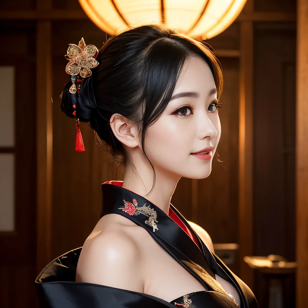 8kウルトラHD, Digital SLR,Film Grain, Fujifilm XT3,(Highest quality:1.3), (masterpiece:1.1), High resolution, Cinematic Light, Intricate details, (Realistic) (Night view) Realistic backlight、Dramatic reddish light、Beautiful Japanese Geisha full body photo, ((Facial texture Pore details)), Grin、Devilish smile, Simple messy hairstyle, She wears a black satin kimono decorated with traditional dragon motifs..., Open shoulders, , Long blade, Japan sword with long blade in hand,Inside a traditional villa, 8k, Front blur