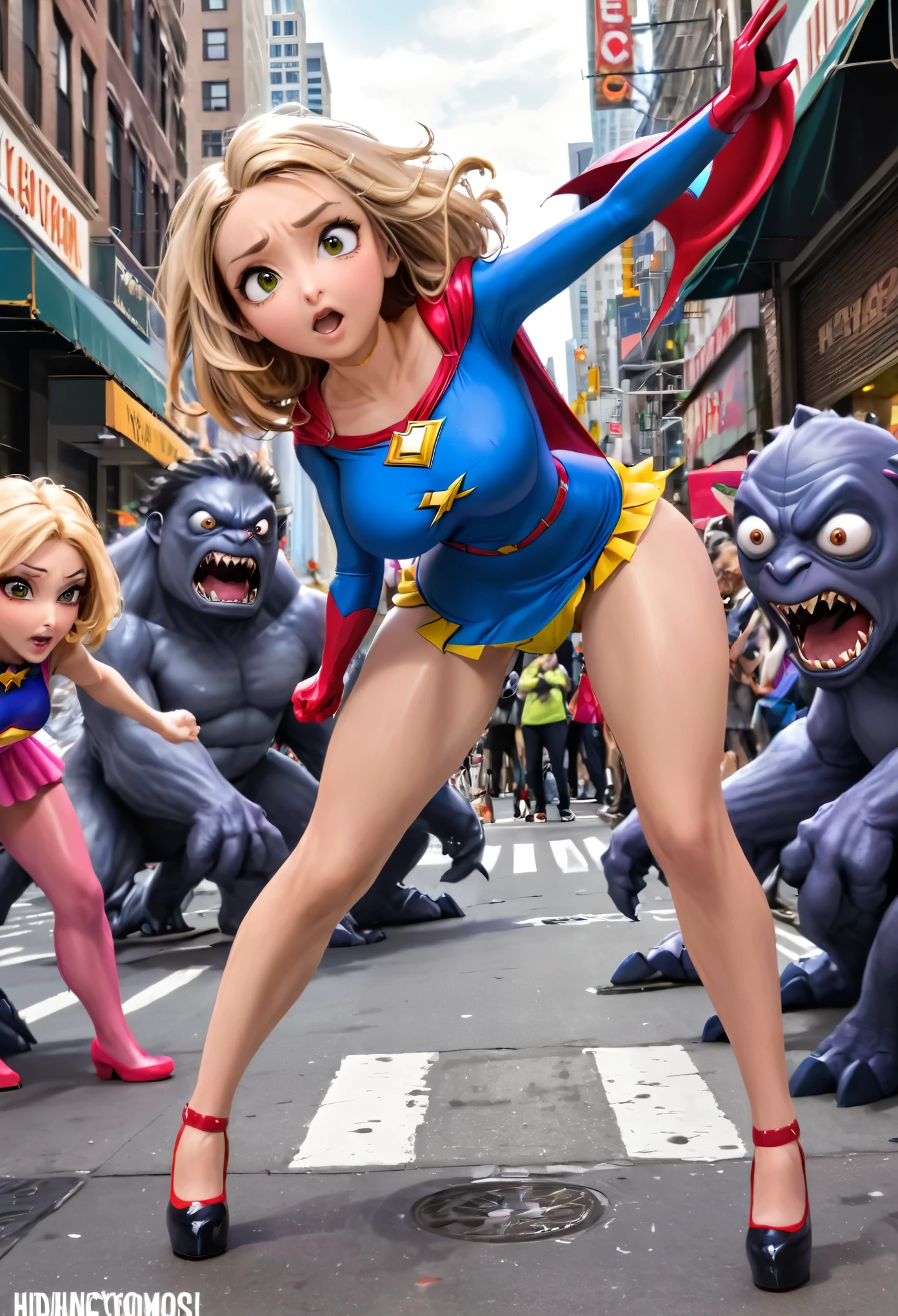 A cute woman (super heroine outfit, crazy matching hair, powers on display) heroic pose, street of new york, facing down a mob of mutant monsters
