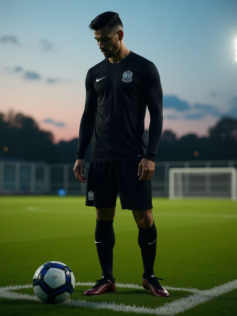 A minimalist all-black soccer uniform with a train symbol.