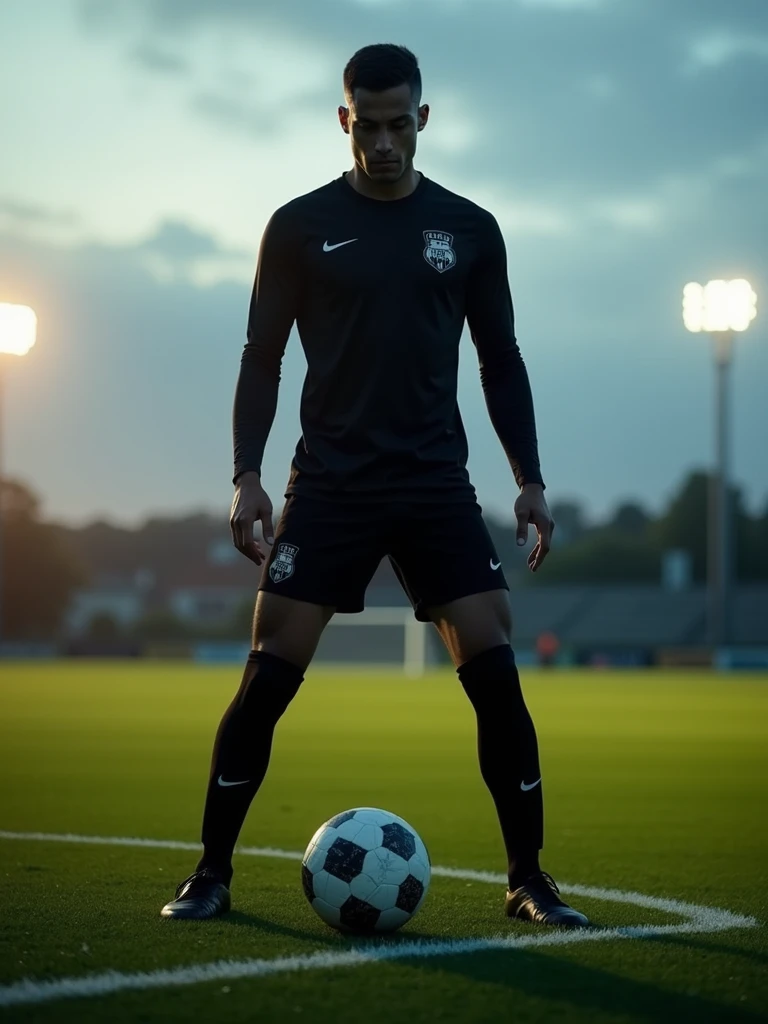 A minimalist all-black soccer uniform with a train symbol.