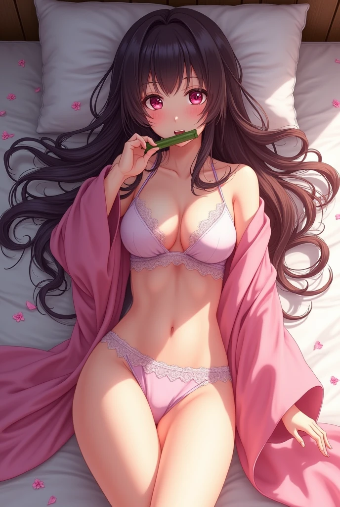 (photorealism 1.2), Masterpiece, Best Quality, High Resolution, Venus1, 1Girl, Solo, Tsuko Kamato, Bamboo in mouth, Gag, Hair (brown), Plaid Belt, Gag, Gag, Gradient Hair, Hair Ribbon, Haori, Japanese Clothing, Very Short Kimono, showing her underwear, big boobs, Long Hair, Looking at the Audience, Multicolored Hair, Pink Eyes, Very Short Pink Kimono, showing her bra, Pink Ribbon, Ribbon, Solo, (((Masterpiece)), Forehead, lying on the bed, showing her , moaning, Cute puffing cheeks, seducing, Eyes wide, slim waist, sexy posing, slim tight,realistic