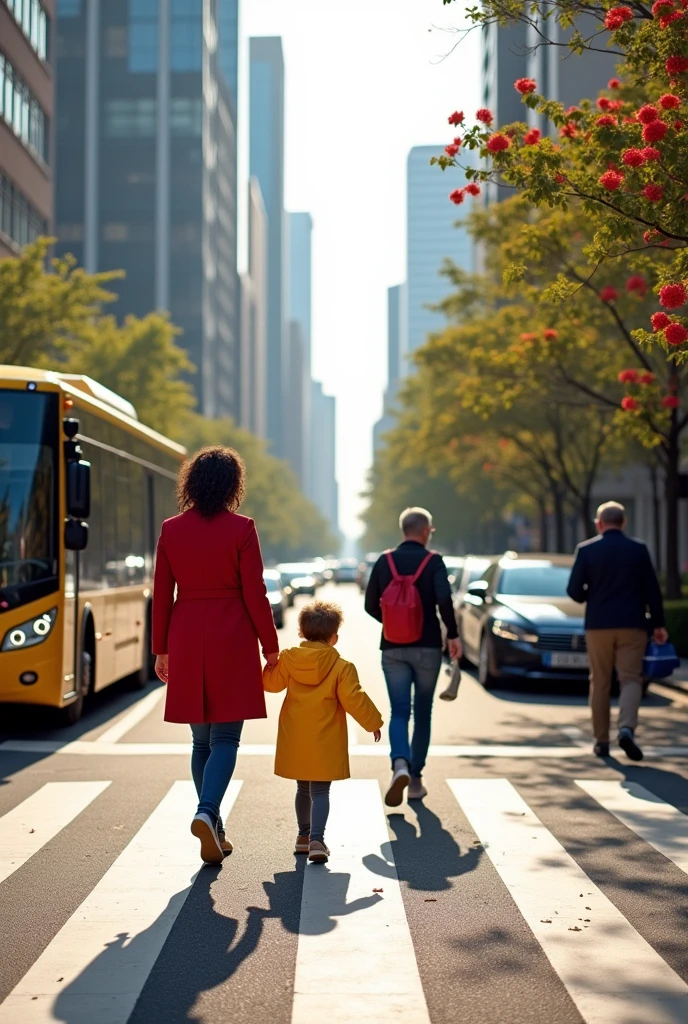 An image showing a perspective view of a pedestrian crossing at the beginning, where a woman, a child, and some adults are crossing. In the background, there is a bus and cars coming, and on the sides, there are buildings and vegetation.