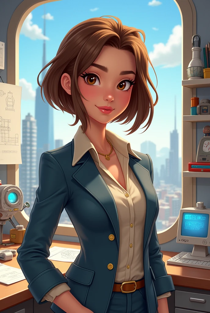 Young woman with short, shoulder-length, straight, light brown hair,Brown eyes, thin lips, engineer, disney type