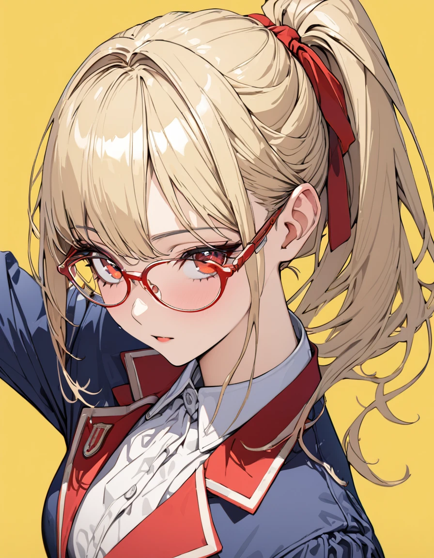 (masterpiece)、(absurdres)、(ultra detailed)、(8k),BREAK,(Bright yellow simple background:1.4),BREAK,(Simple thin glasses),potrait shot,(solo girl)、(blonde hair:1.0)、(shiny red eyes:1.1)、(highponytail:0.9)、(a little red libbon:0.8)、(long hair:0.7)、(fantsy blue blazer)