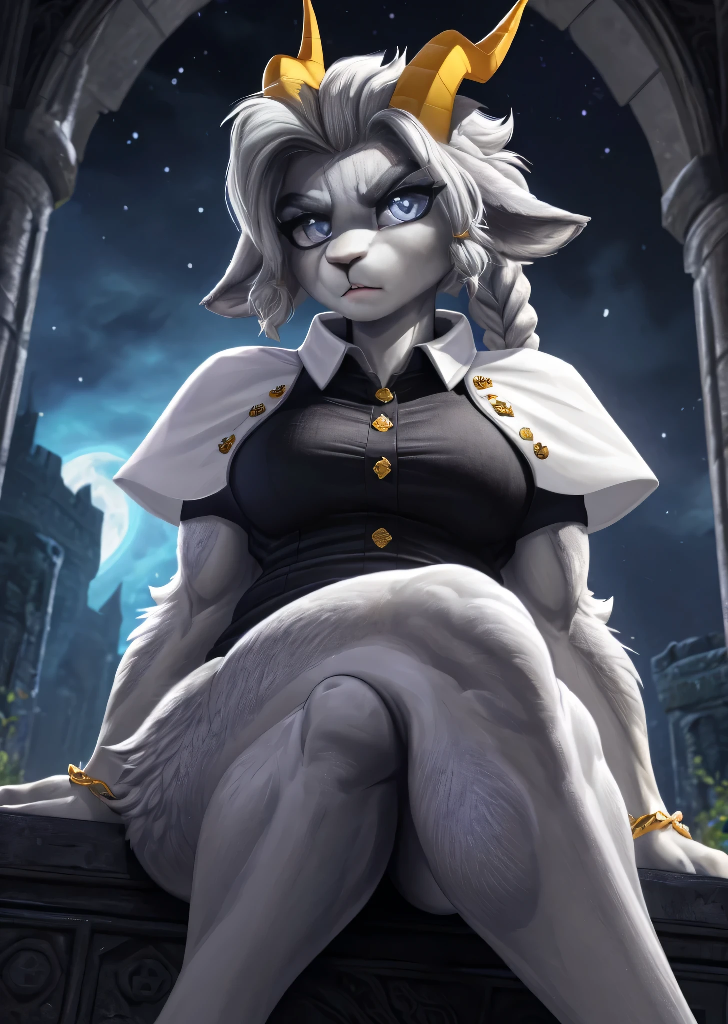 [sybil], [pseudoregalia], ((masterpiece)), ((HD)), ((high res)), ((solo portrait)), ((waist up)), ((low angle view)), ((detailed fur)), ((intricate details)), ((detailed shading)), {(anthro goat woman), (athletic figure), (grey body fur), (black nose), (long droopy ears), (braided hair), (yellow narly horns), (bushy dark grey eyebrows), (cute indigo eyes), (long grey eyelashes), (medium breasts), (curvy hips), (love handles), (beautiful legs), (angry)}, {(nude), (pantless), (black sleeveless button-up shirt), (gold buttons), (white capelet)}, {(sitting), (crossed legs), (looking at viewer)}, [ambient lighting, castle ruins, nighttime, moonlight]