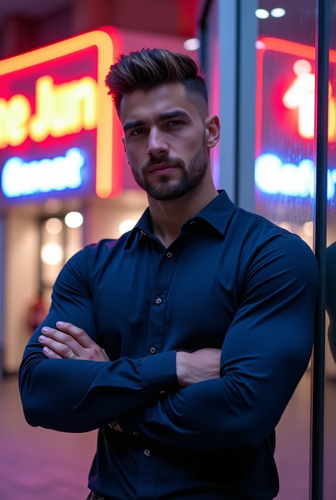 (armface:1.3) , Handsome young man standing, (have a mustache:0.8) , (short hair:1.2), The forearms are muscular., (Collared shirt with buttons:1.2), (Navy blue shirt:1.2),Jeans, Big muscles, Handsome and muscular, full body angle, (In front of the department store:1.1), , (nighttime:1.3), Neon lights