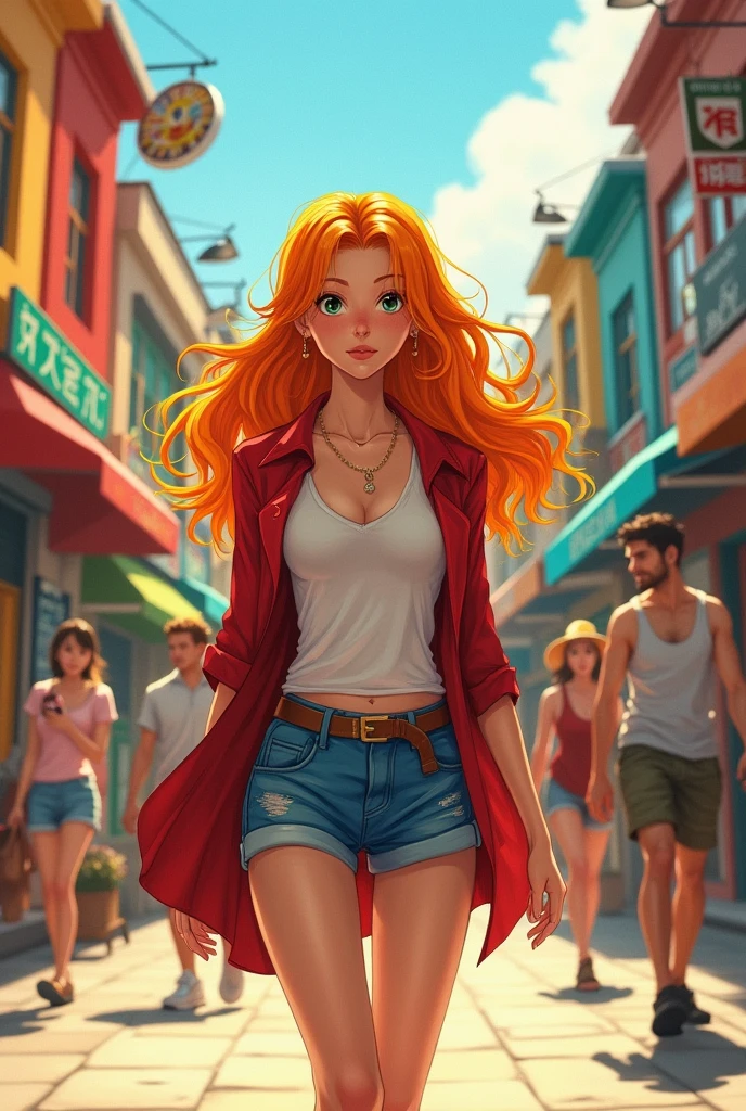 A person very similar to Nami from One Piece walking down the street with no clothes on.