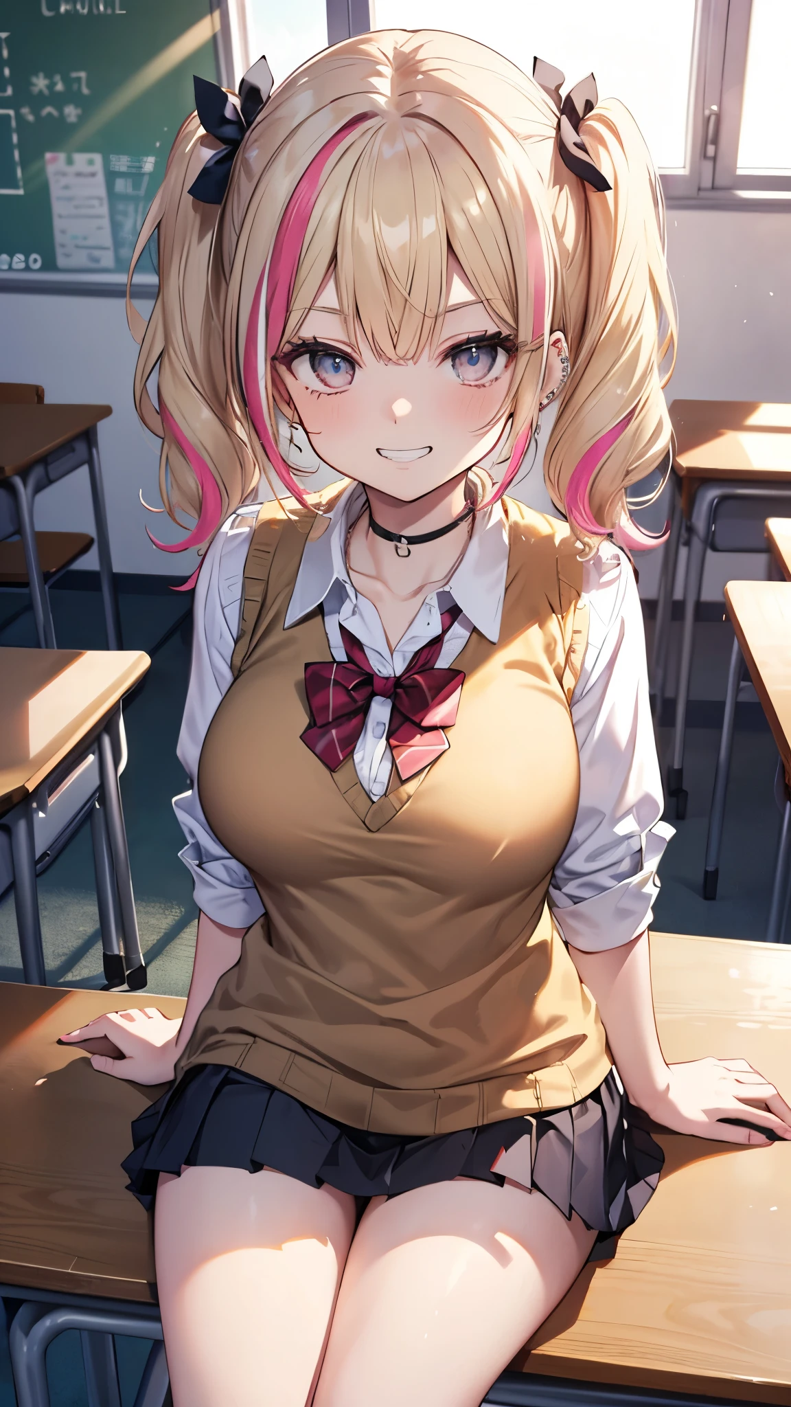 ((masterpiece、Highest quality、Very detailed))、One person、gyaru、((Blonde:1.2))、twintails、((pink streaked hair))、Grey Eyes、evil smile、((Grin))、((lots of piercing))、Large Breasts、((White collared shirt))、clavicle、A bow tie、((light brown sweater vest))、((Black pleated skirt))、Thick thighs、((micro miniskirt))、Cowboy Shot、Sit on a chair、Shoot from above、Classroom Background