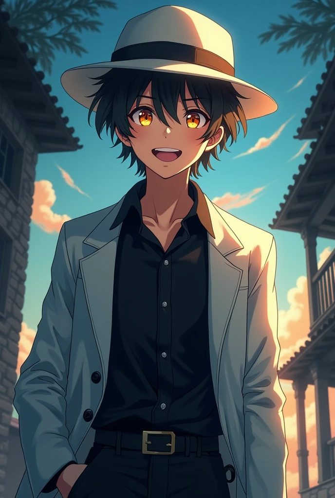 (8k, best quality, masterpiece:1.2), (anime style), RAW photo, best quality, ultra high res, best shadow, (full body:1.4), A guy with yellow eyes smiling, in a black shirt, white hat, and white coat horror, highly detailed facial features, perfect eyes one hand holds hat.