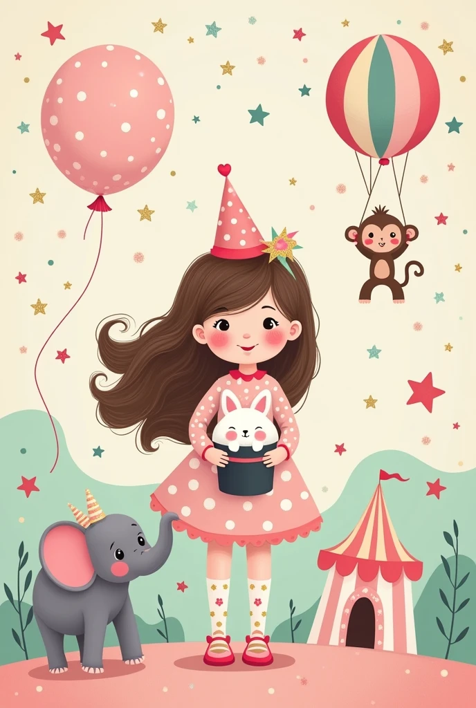 light pink circus birthday invitation with pastel colors featuring a little brown haired girl with a rabbit in a top hat, a little elephant, a little monkey