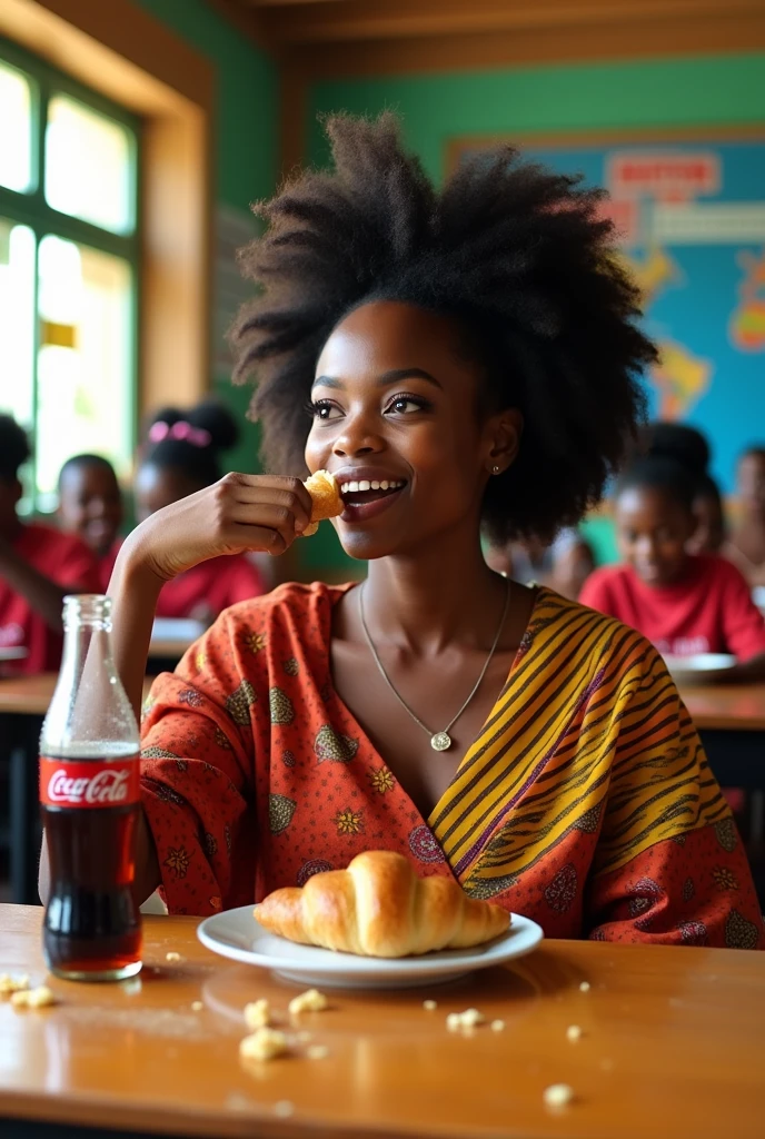 femme africaine a une table avec un croisant et coca cola dans une salle de classe