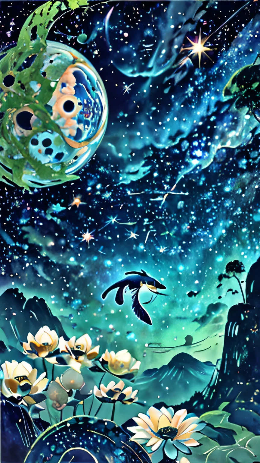 Highest quality, (masterpiece), Very detailed, (Illustrations for novels:1.2), (High resolution:1.2), Dramatic Light, looking at space through long Telescope, space, shooting star, thin lines amidst the planets, Look up, Fantasy,On a different planet,Expansiveness,Great details,Cinema lenses,Wide-angle composition,Hazy,A starry sky,Indian mythology,Shattered rocks fly everywhere.,Fantasy、another world、Starry Sky、shooting star、milky way、Multicolored clouds、another world、Countless islands floating in the sky々、Vast views、Wide-angle lens、A view looking down from a high hill. Realistic blurred background. 4K Full HD 60 FPS、Realistic lighting、deep sea,Ancient times,ancient fish,Swim gracefully,Future deep sea city,Atlantis Continent,Reflection of the universe,Vast space,fusion of the future and the past,Time Transcended,Space distortion、The paper surface shines with rainbow colors all over.、Halation、Angel Ring、Huge spaceship、A coelacanth swimming in the sky