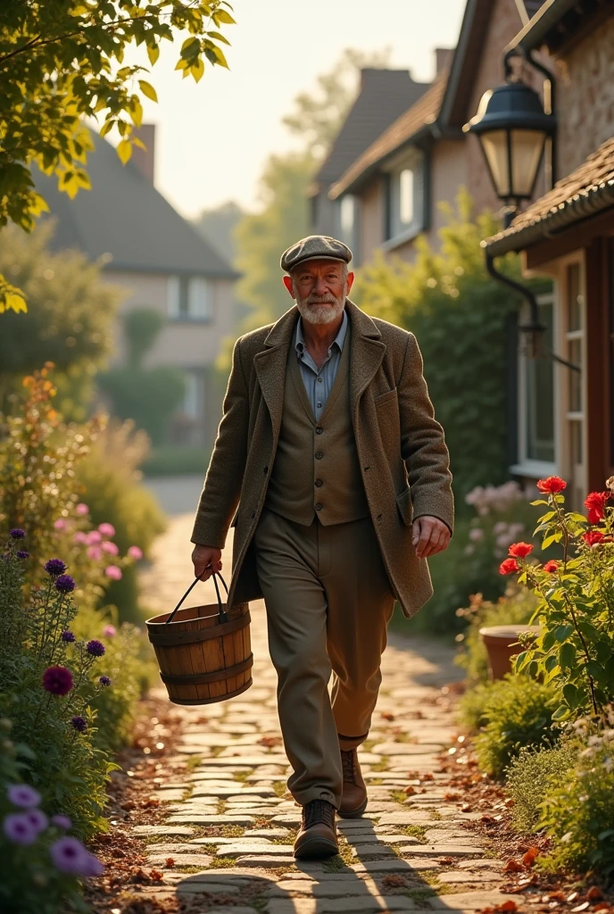 An image of a country gentleman, carrying a bucket, going home, em um vilarejo, country man, photo realist,