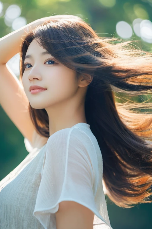 a woman, hair sways in the gentle breeze, incredibly beautiful, best quality, high resolution, ultra detailed,