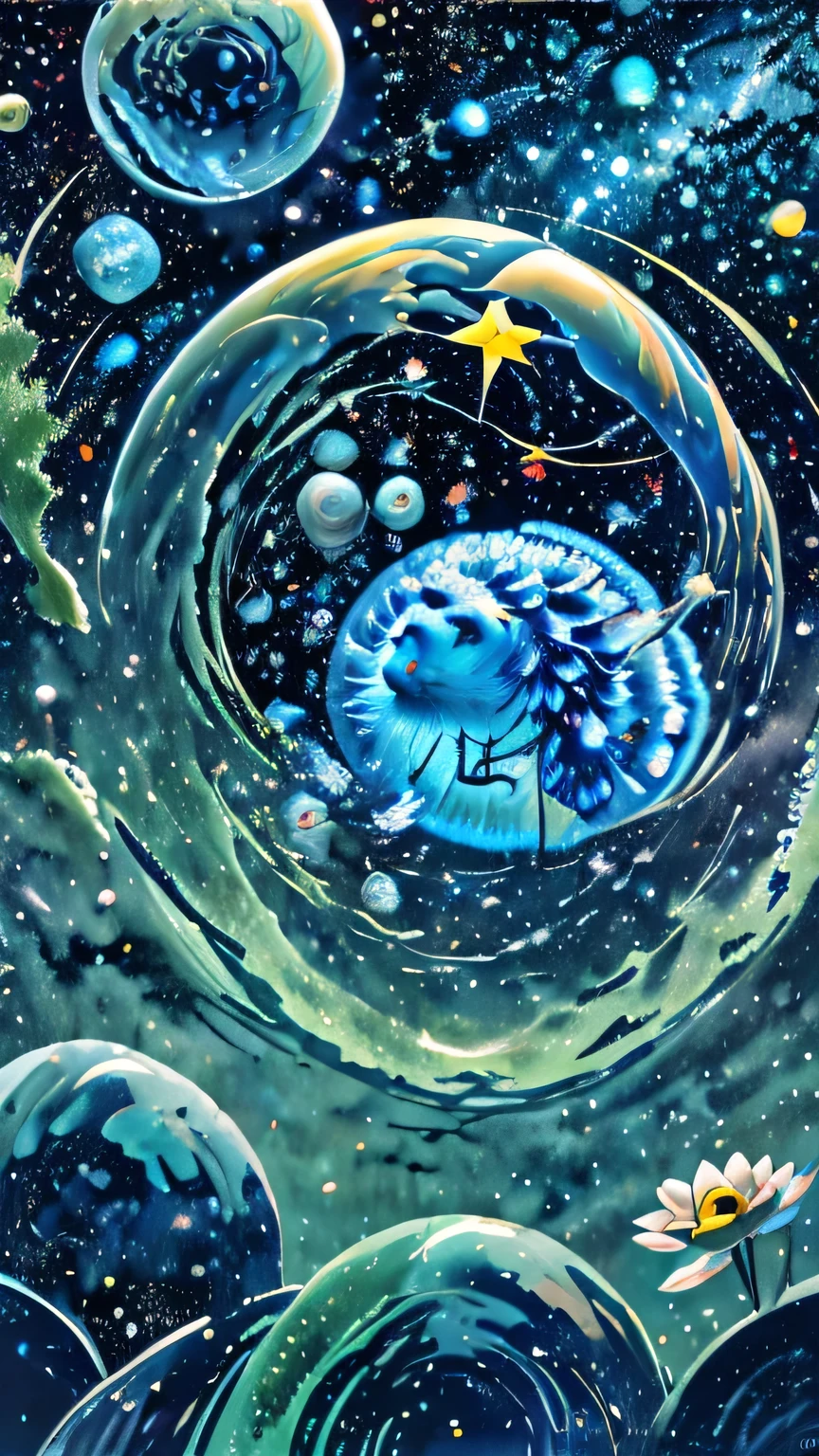 Highest quality, (masterpiece), Very detailed, (Illustrations for novels:1.2), (High resolution:1.2), Dramatic Light, looking at space through long Telescope, space, shooting star, thin lines amidst the planets, Look up, Fantasy,On a different planet,Expansiveness,Great details,Cinema lenses,Wide-angle composition,Hazy,A starry sky,Indian mythology,Shattered rocks fly everywhere.,Fantasy、another world、Starry Sky、shooting star、milky way、Multicolored clouds、another world、Countless islands floating in the sky々、Vast views、Wide-angle lens、A view looking down from a high hill. Realistic blurred background. 4K Full HD 60 FPS、Realistic lighting、deep sea,Ancient times,ancient fish,Swim gracefully,Future deep sea city,Atlantis Continent,Reflection of the universe,Vast space,fusion of the future and the past,Time Transcended,Space distortion、The paper surface shines with rainbow colors all over.、Halation、Angel Ring、Huge spaceship、A coelacanth swimming in the sky