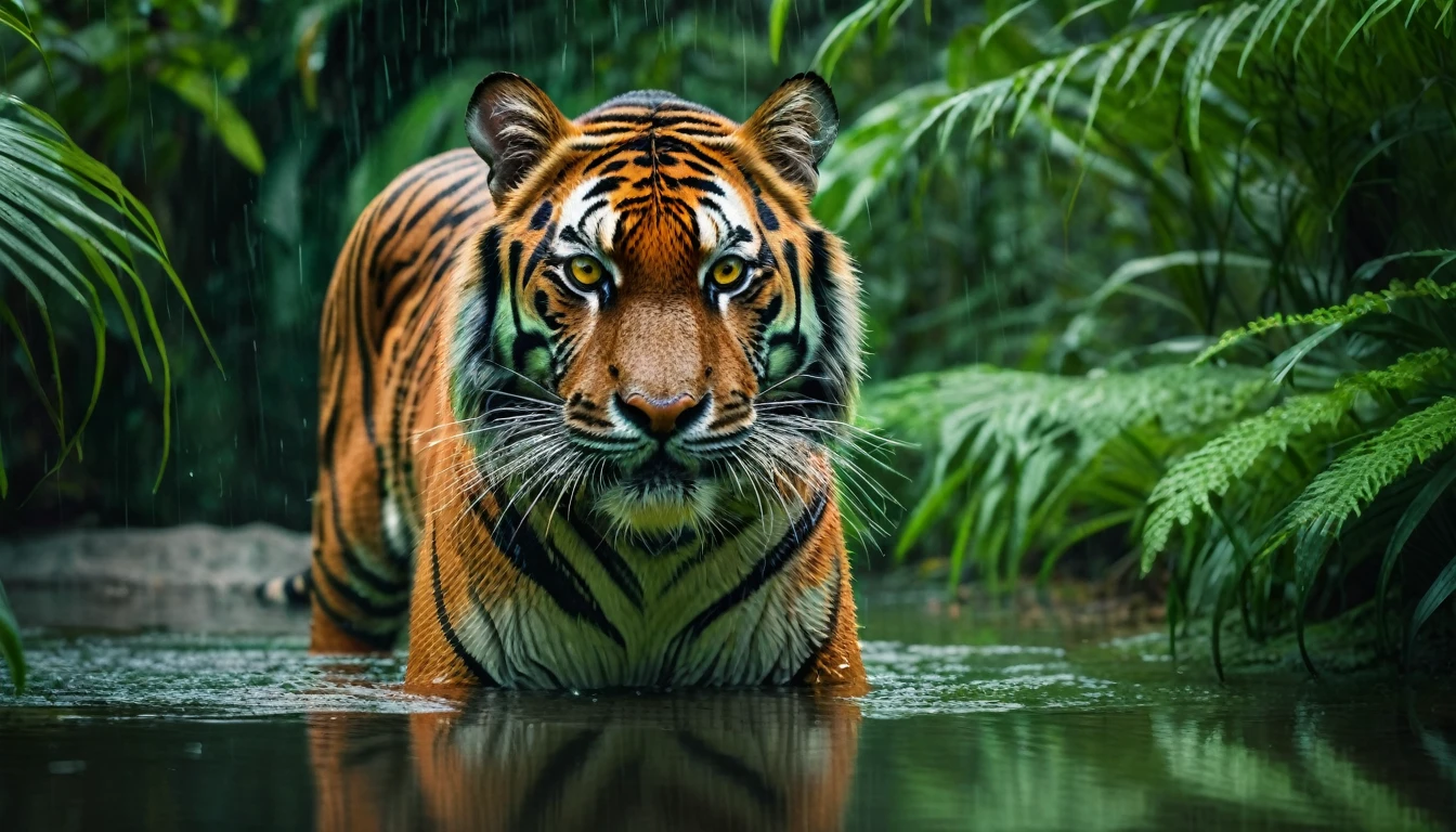 tiger captured in a lush green jungle, the tiger is in the middle of the photo, lively gaze, with a reflection of water. The tiger's fur is a bright orange and black, with a lively gaze and striking green eyes. The image is sharp and detailed, with a cinematic quality. The background is blurred, creating a sense of depth and focus on the tiger, breathtaking images, high definition. (ultra realistic) extreme details, (best quality, 4k, 8k, high resolution, masterpiece: 1.5)