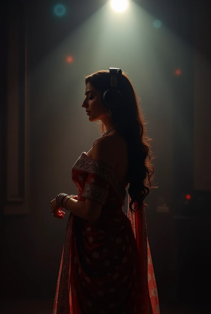 A sexy persian girl in saree without bra, she has headphones on and enjoying the music. girl is in the spotlight, background is dark